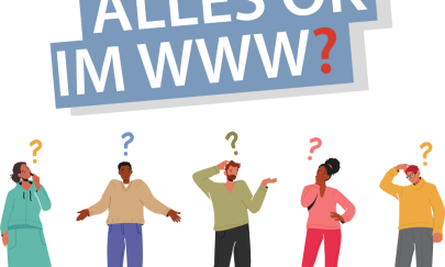 Auf dem Bild ist das Logo der Onlinereihe "Alles OK im WWW?" zu sehen. Die weiße Schrift steht graublauen Grund.Darunter stehen verschiedene Personen. Sie haben Fragezeichen über den Kopf und sind fragenden Posen und Gesten. Sie sind farbenfroh angezogen.