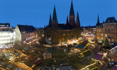 Blick auf den Lamberti-Markt im Jahr 2016 als Biegepanorama