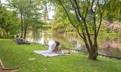 Mehrere Personen genießen das gute Wetter auf einer Wiese am Schloßteich