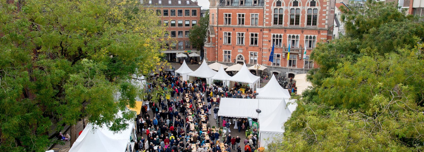 Auf dem Oldenburger Rathausmarkt sind zu hallo Grünkohl viele Stände und lange Sitzreihen zum Essen aufgebaut.